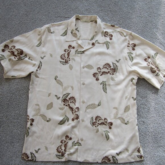 Tommy Bahama Mens Sz Large Leaf Print Tropical Silk Shirt - Picture 2 of 13